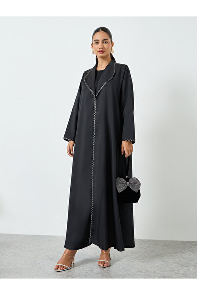 Amirah By Styli Black Embroidered Trim A-Line Abaya
