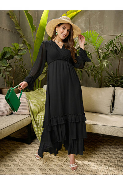 Sassafras By Styli Black V-Neck Ruffled Hem Maxi Dress