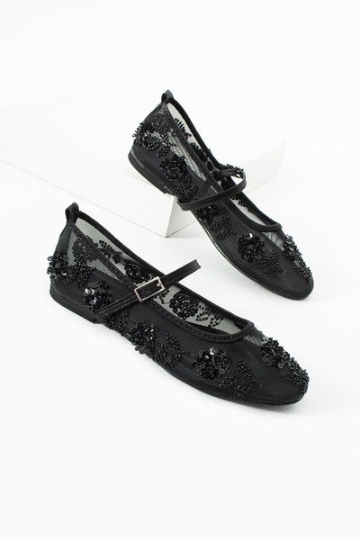 diclepolat Kadın Siyah Taşlı File Babet Mary Jane Işıltılı Payetli Şık Ayakka...
