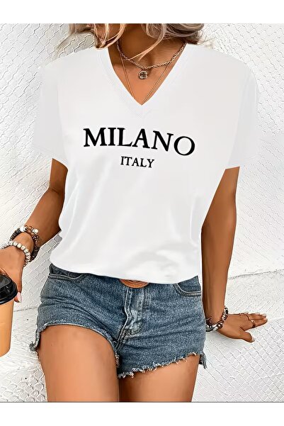 oneagılyazı Comfortable V-Neck T-Shirt for Women with Printed Lettering "Mila...