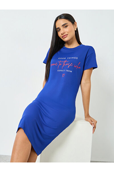 Take Two By Styli Blue Slogan Print Short Sleeve T-Shirt Dress