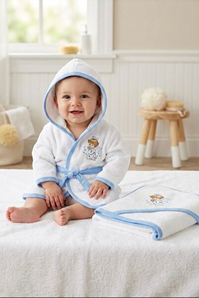 MASSIBEBE Set Premium pentru Baie Bebe cu Îngeraș Brodat (Halat, Prosop și Mă...