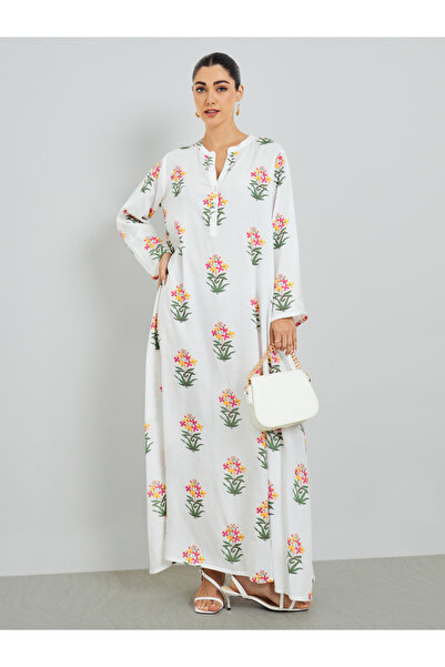 Amirah By Styli White Floral Print A-Line Jalabiya