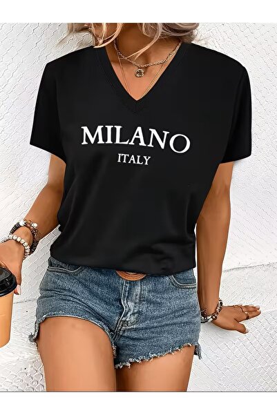 oneagılyazı Comfortable V-Neck T-Shirt for Women with Printed Lettering "Mila...