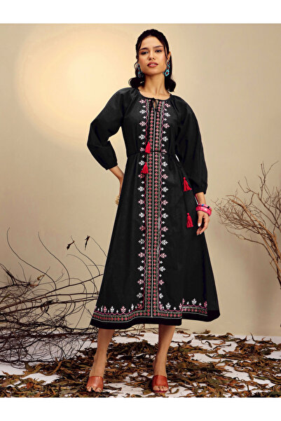 Sassafras By Styli Black Embroidered Neck Dori Midi Dress