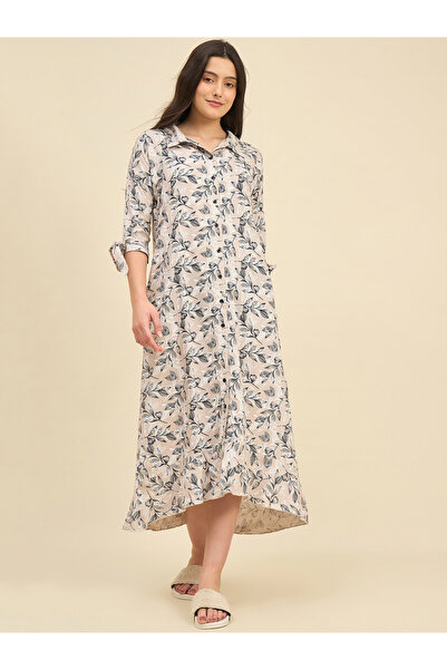 The Kaftan Company By Styli Beige Floral Viscose Rayon Nightdress