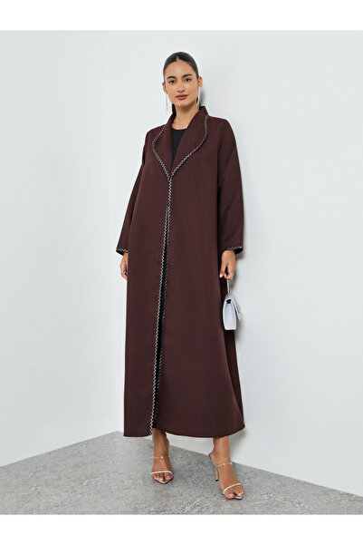 Amirah By Styli Brown Embroidered Trim A-Line Abaya