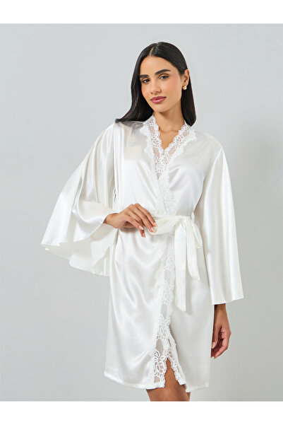 Take Two By Styli White Lace Trim Satin Robe
