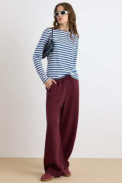 Olcay Elastic Waist Comfortable Cut Soft Denim Trousers Bordo 7587