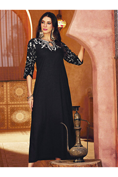 Sassafras By Styli Black Embroidered Neck Rayon Abaya Dress