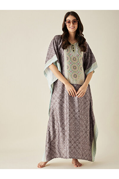 The Kaftan Company By Styli Brown Printed Satin Kaftan Nightdress with 3/4 Sl...