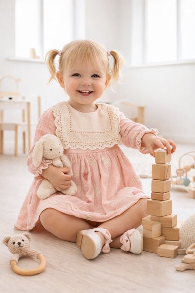 Minelia Kids Baby Girl Vintage Style Lace Collar Detailed 100% Cotton Heart Embroidered Pink Dress 6-24 Months