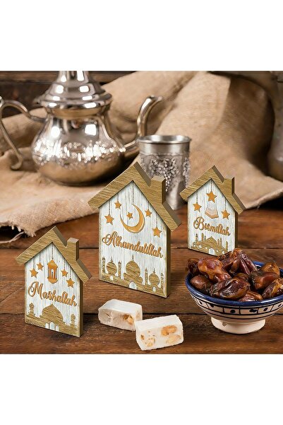 X LOT مجموعة من 3 قطع ديكورات خشبية للمنزل بتصميم عيد رمضان مبارك