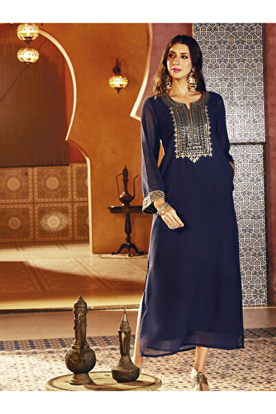 Sassafras By Styli فستان عباية مطرّز باللون الأزرق الداكن