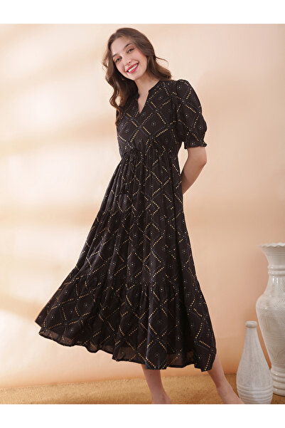 Globus By Styli Black Bandhani Print Puff Sleeves Tiered Midi Dress