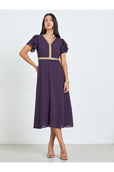 Styli Purple Embellished Ruffled Sleeve Midi Dress