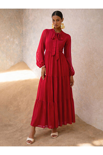 Sassafras By Styli Red Tie-Up Neck Long Sleeve Tiered Maxi Dress