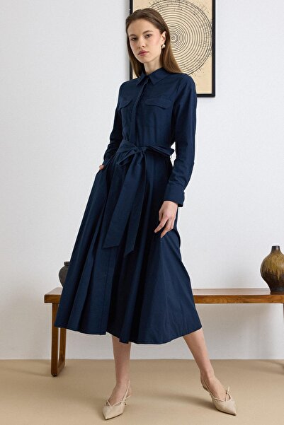 Olcay Button Closure Pleated Detailed Cotton Dress Dark Blue 9417-E