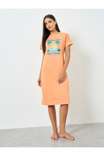 Take Two By Styli Orange Beach Print T-Shirt Dress