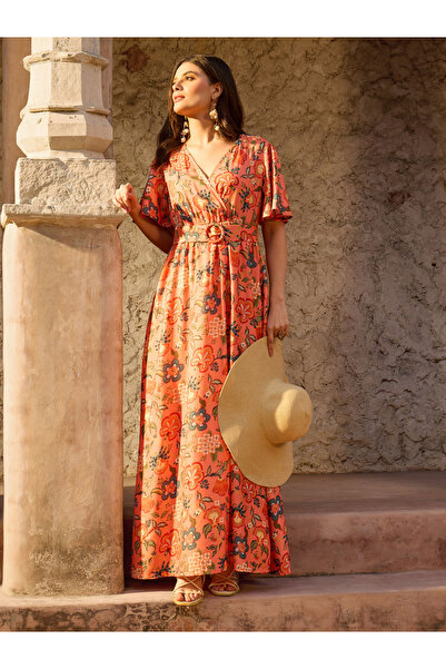 Sassafras By Styli Orange Floral Print Belted A-Line Maxi Dress
