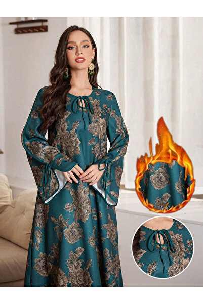 Take Two By Styli Dark Green Floral Print Tie-Up Neck A-Line Jalabiya