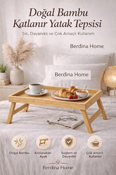 Berdina Home Natural Bamboo Folding Bed Tray Stylish Design Durable Multi-Pur...