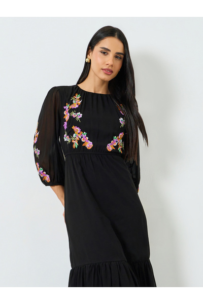 Styli Black Embroidered Ruffled Hem Maxi Dress