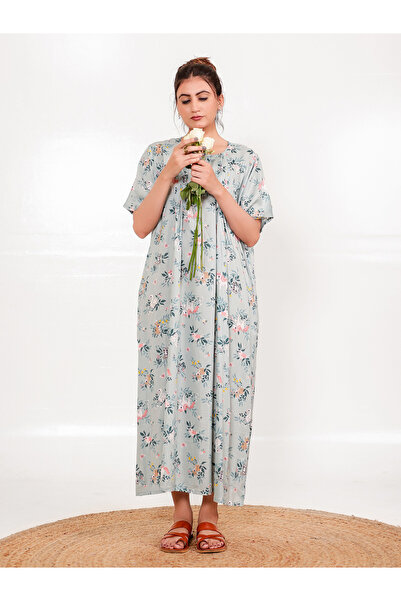 The Kaftan Company By Styli Grey Floral Printed Short Sleeve Nightdress