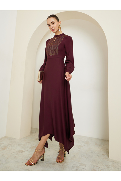Styli Maroon Embellished Asymmetrical Hem Maxi Dress