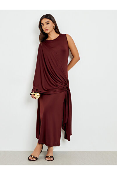 Styli Burgundy Draped Shawl Look Maxi Dress