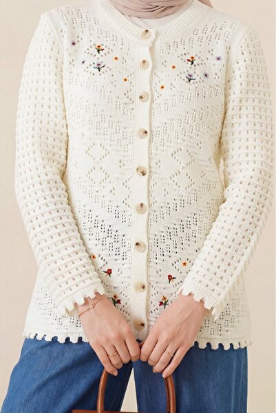 Modamorfo Floral Embroidered Openwork Knitwear Cardigan -Ecru