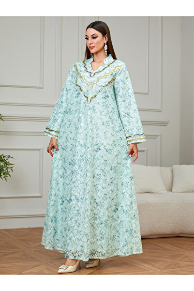 Take Two By Styli Green Embroidered Floral Print A-Line Jalabiya