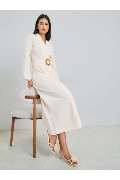 Styli Beige Buttoned A-Line Maxi Dress with Belt