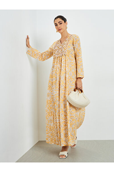 Amirah By Styli Yellow Floral Printed Embroidered A-Line Jalabiya