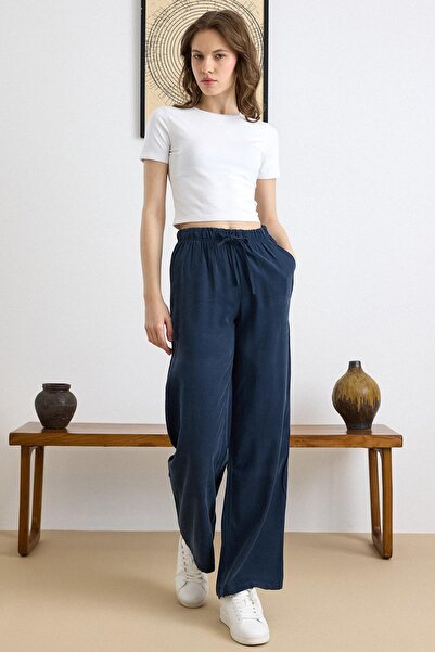 Olcay Elastic Waist Wide Leg Modal Trousers Dark Blue 7588