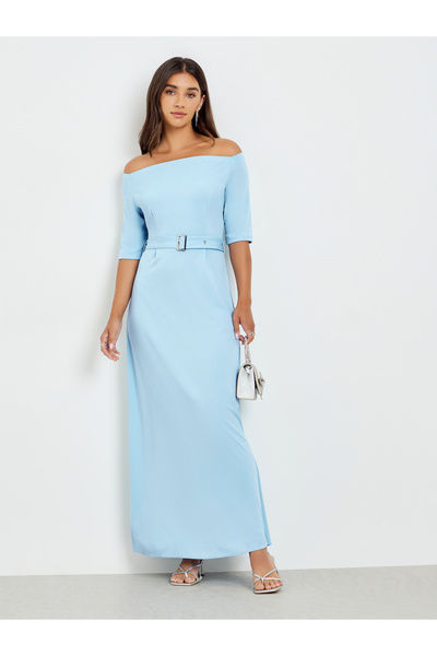 Styli Blue Off Shoulder Belted Maxi Dress