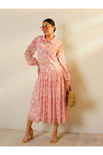 Sassafras By Styli Pink Floral Print Front Button Down Midi Dress