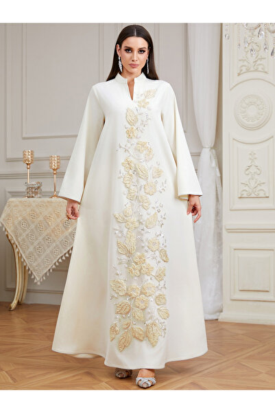 Take Two By Styli Cream Embellished Jalabiya with Floral Embroidery