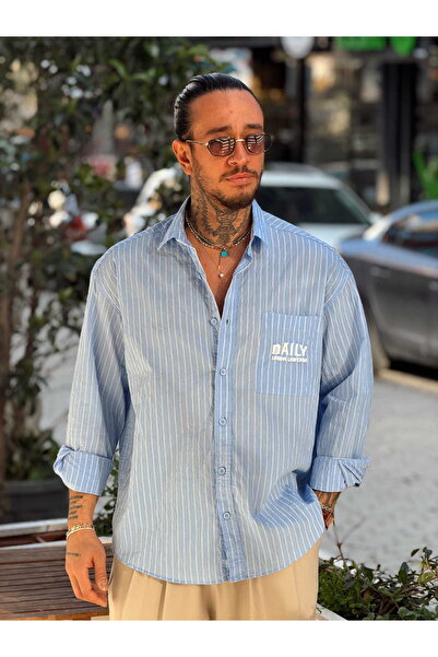 manch collection Oversize Single Pocket Embroidered Striped Shirt Blue