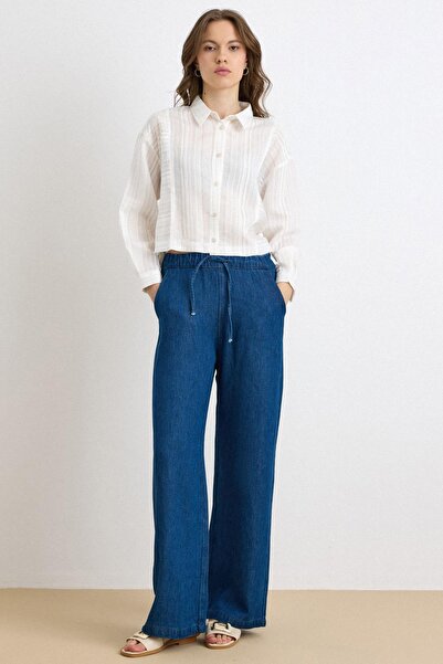 Olcay Elastic Waist Comfortable Cut Soft Denim Trousers Dark Blue 7587