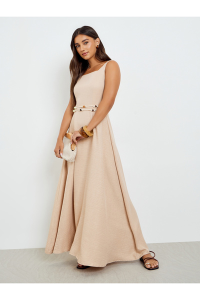 Styli Beige Sleeveless A-Line Maxi Dress