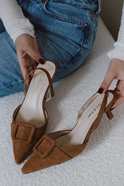 POLKA STORE May Square Buckle Pointed Toe Short Kitten Heel Bitter Brown Sued...