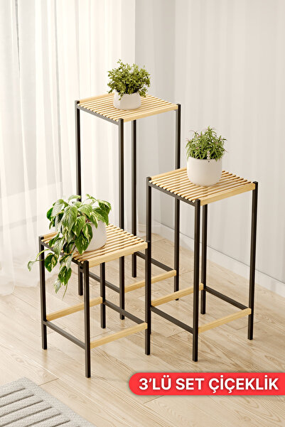 Bino 3'lü Set Dekoratif Çiçeklik Takımı - 50-70-90 cm Ahşap Tablalı Metal Sak...