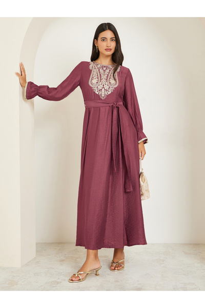 Styli Rust Embellished Embroidered A-Line Maxi Dress