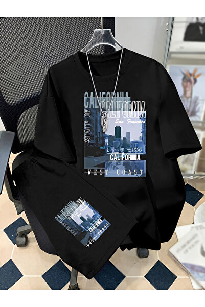 ibibik moda Black Printed Oversize Tshirt Shorts Set