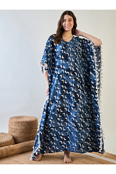 The Kaftan Company By Styli Blue Batik Cotton Kaftan with White Tassel Trim