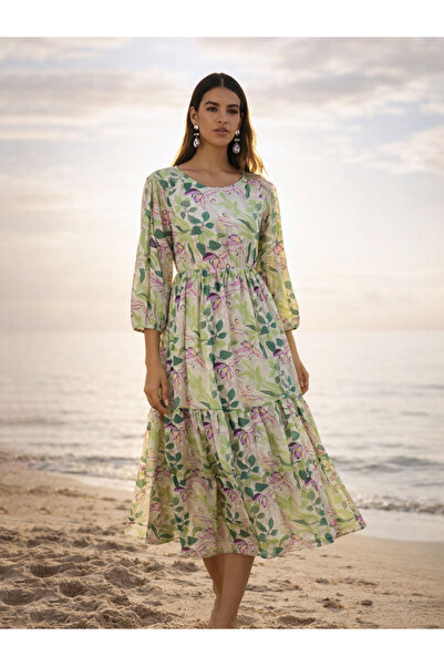 Sassafras By Styli Floral Print Balloon Sleeve Tiered Midi Dress