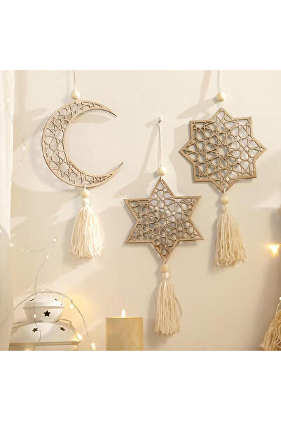 X LOT مجموعة زينة رمضان الإسلامية الخشبية، زينة جدارية على شكل هلال ونجمة مع ...