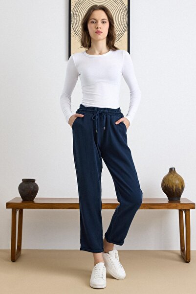 Olcay Soft Denim Trousers with Lace Detail and Elastic Waist Navy Blue 7586