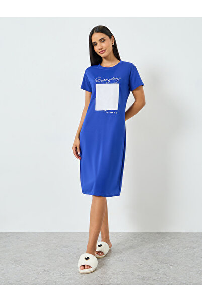 Take Two By Styli Blue Short Sleeve Printed T-Shirt Dress